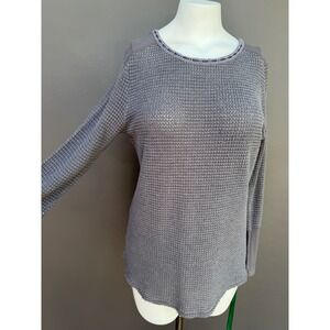 Sundance Top L Gray Waffle Knit Velvet Trim Raw Hem Thermal Long Sleeve Layering